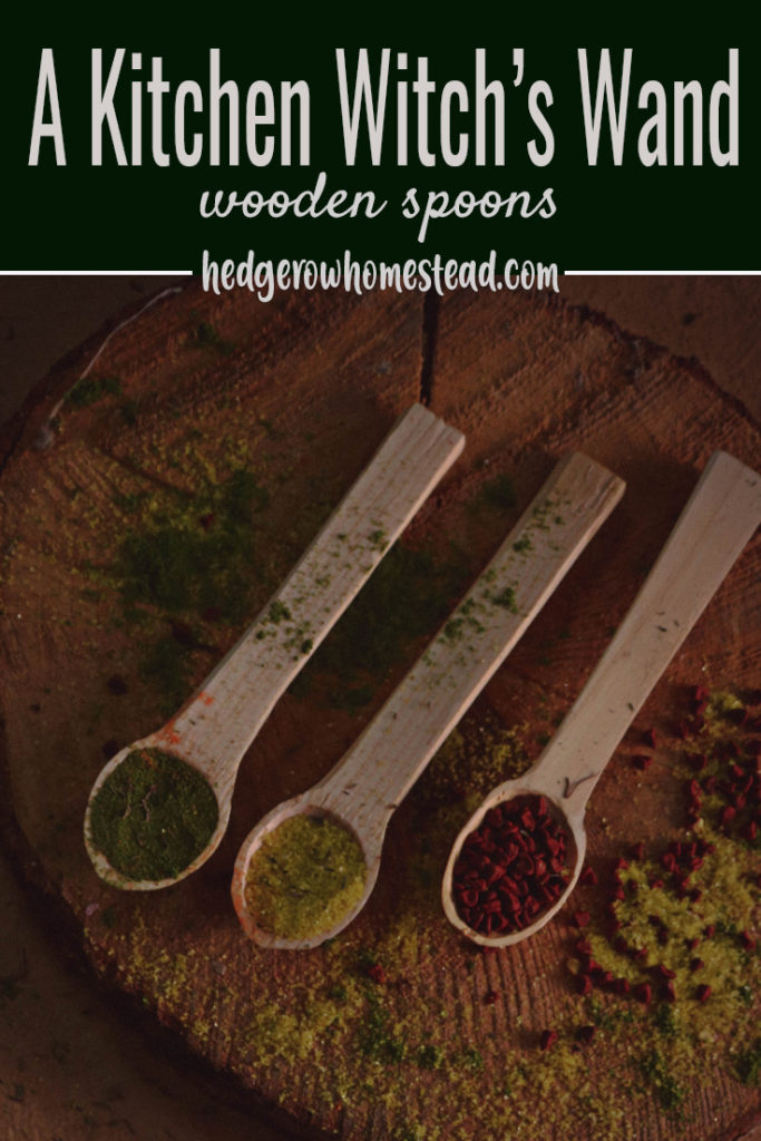 wooden spoons with grounds herbs on a slab of wood