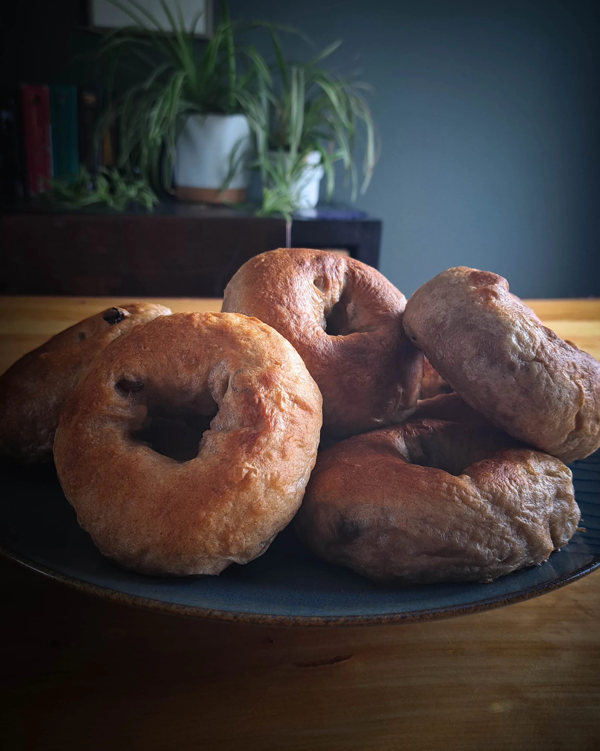 cinnamon raisin bagels on blue stonewear platter
